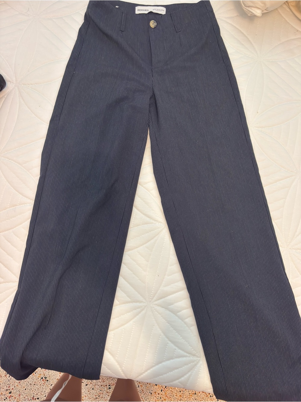 Bershka Navy Pinstripe Wide-Leg Trousers